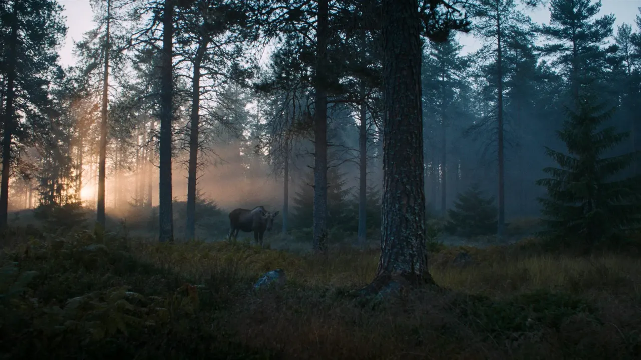Älg i skogsbrynet vid soluppgång i Värmland