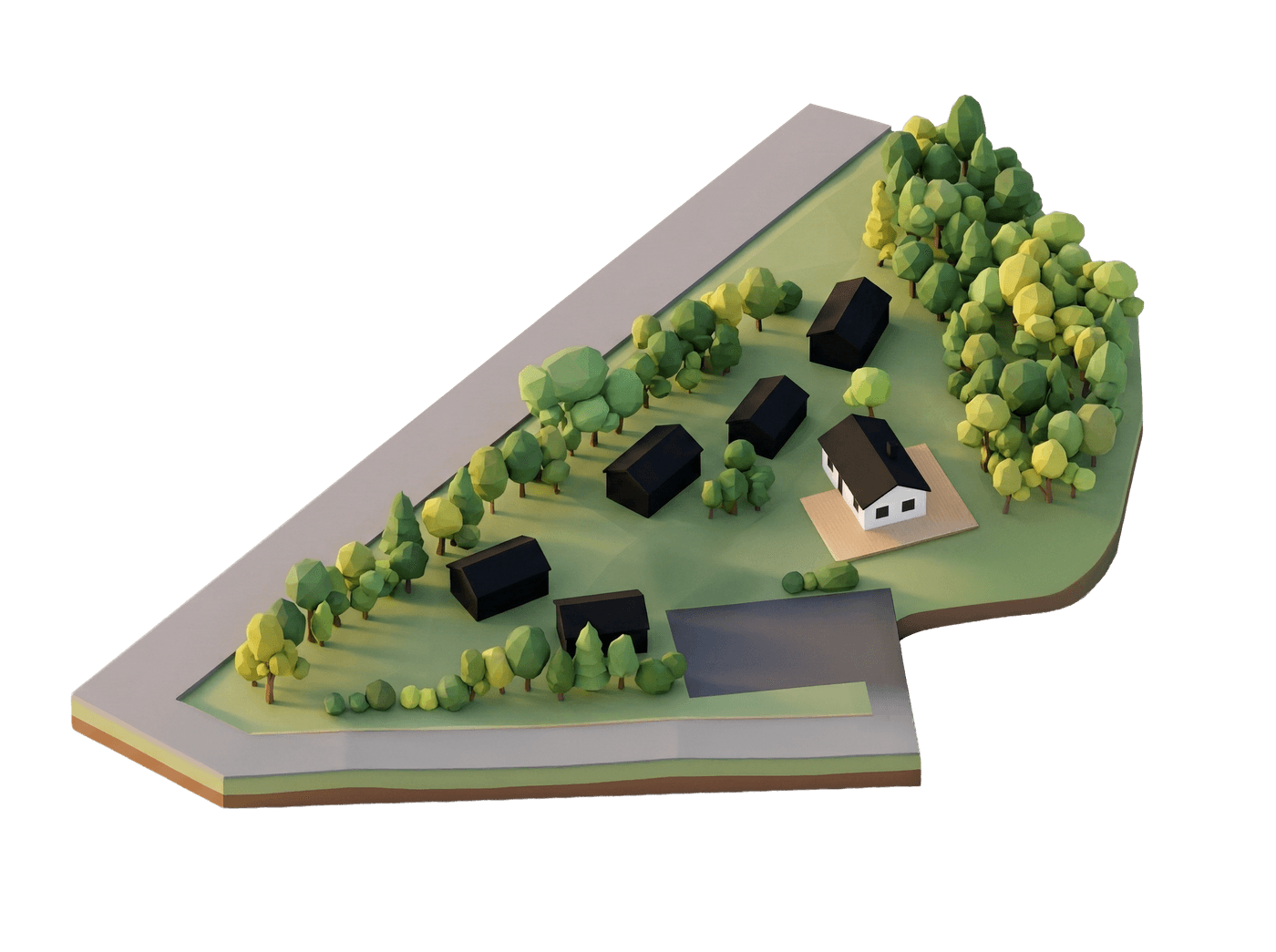 Illustrerad 3D-modell av Stugby i Sulvik vid Glafsfjorden, med stugor, huvudbyggnad och omgivande skog.